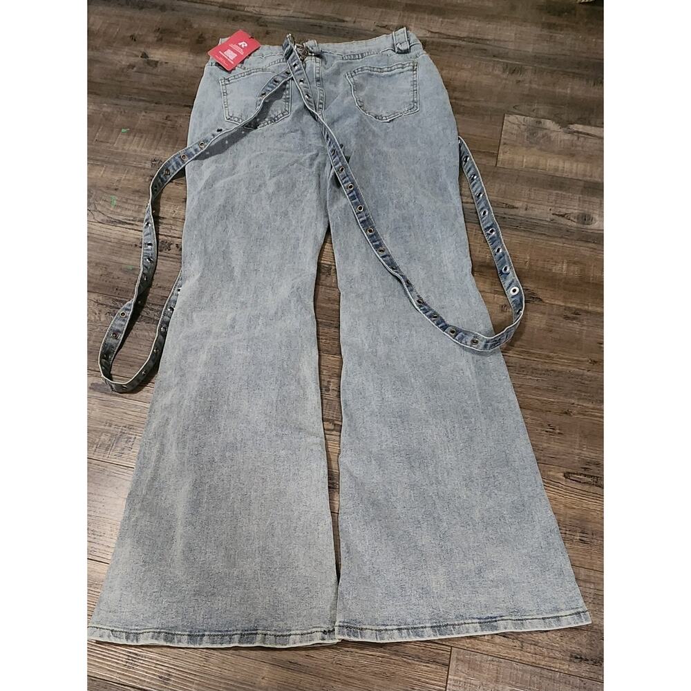 Romwe Women’s Rave Jeans Size L 8/10 Strappy Light Blue Denim 2073 - Picture 5 of 8